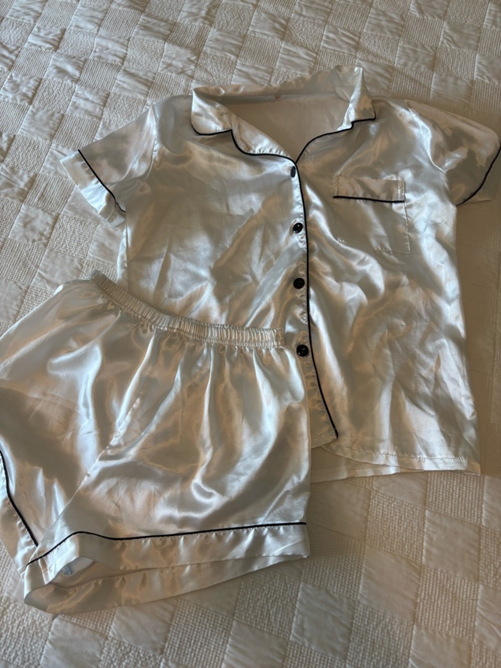 Silk-Feel White Satin Pajama Set with Black Piping